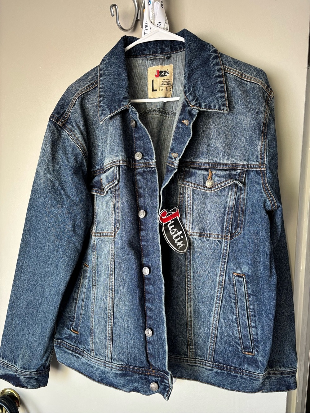 Justin Boots Light Blue Denim Jacket with Red Logo